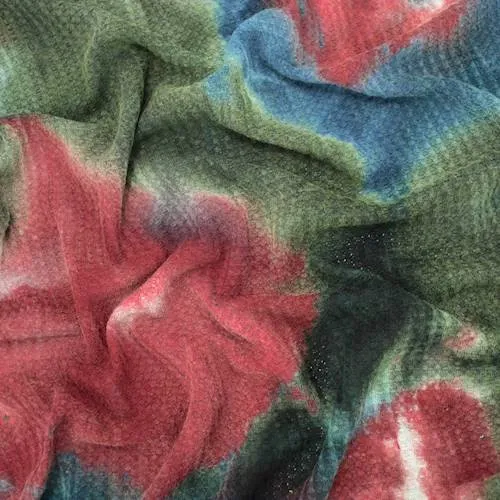 1 YD PC-Deep Teal/Gray/Red Tie Dye Waffle Knit Fabric