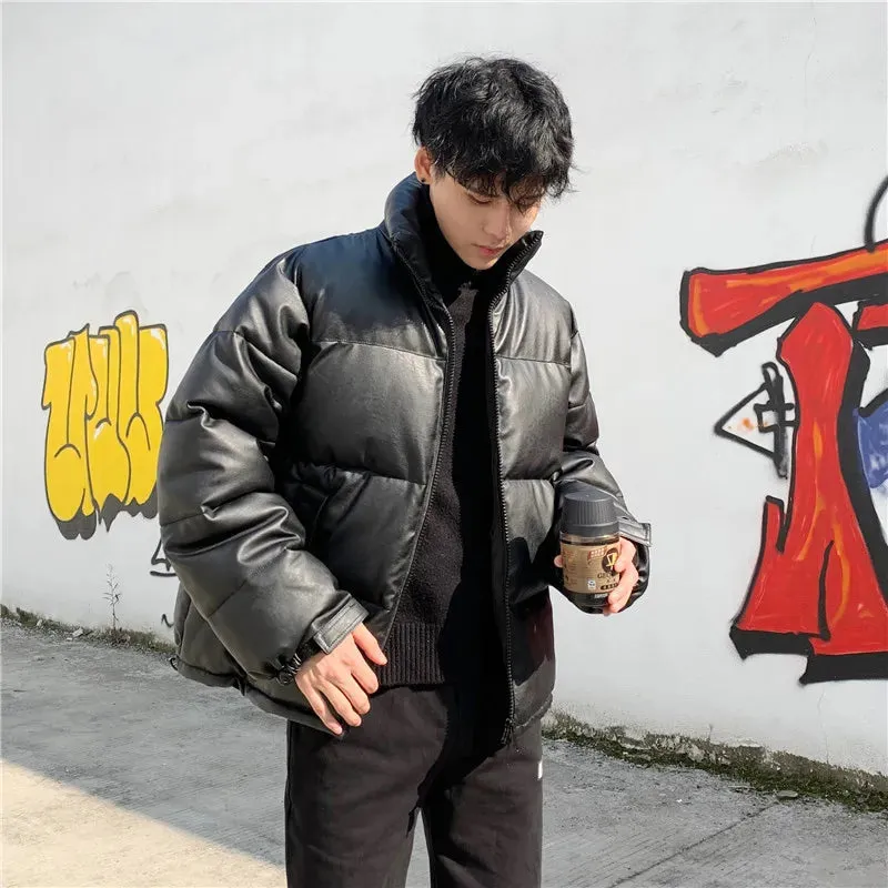 Aidase Thicken Solid Color Mens Parkas Oversized Warm Winter Leather Coats Harajuku Fashion Male Loose Cotton Padded Jackets PU Leather