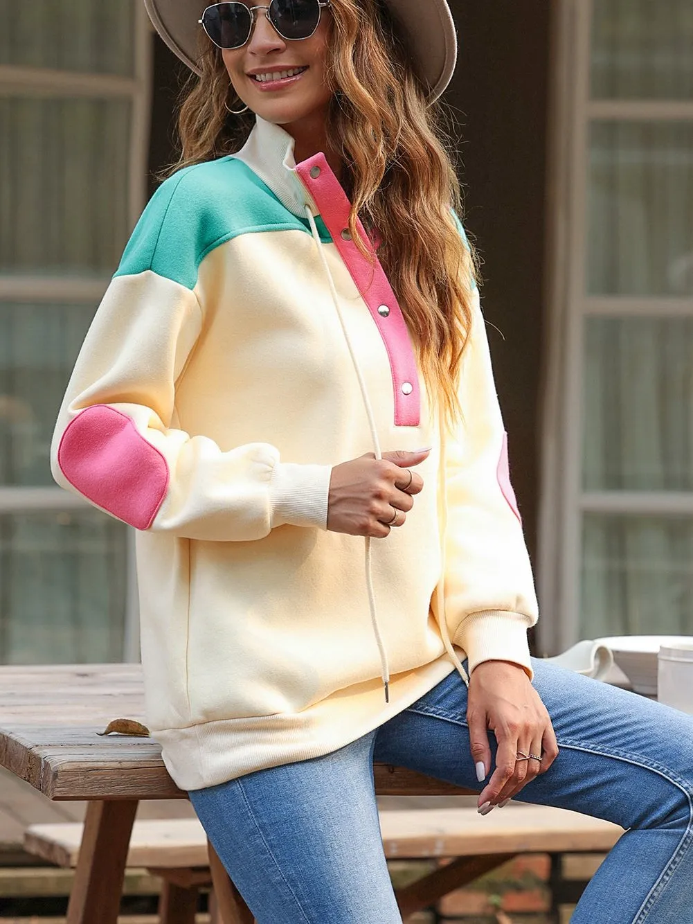 Apricot Colorblock V-Neck Elbow Patch Half Button Sweatshirt