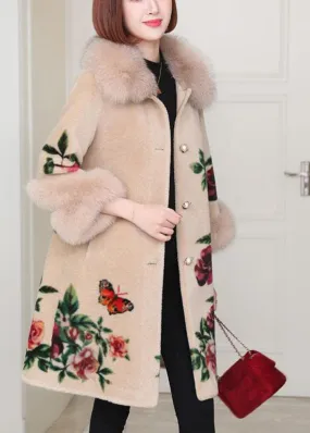 Apricot Print Button Thick Winter Long sleeve Coat