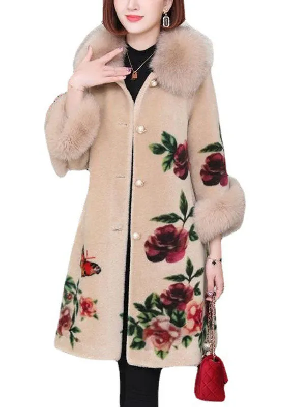 Apricot Print Button Thick Winter Long sleeve Coat