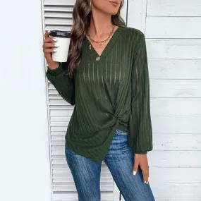 Asymmetric Button Detail V Neck Twist Front Long Sleeve Sheer Ribbed Knit Sweater