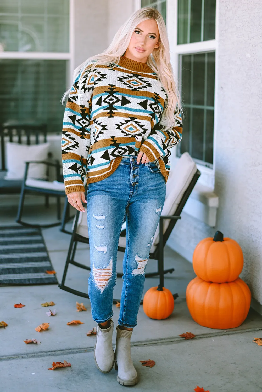 Aztec Striped Knit Ribbed Trim Sweater