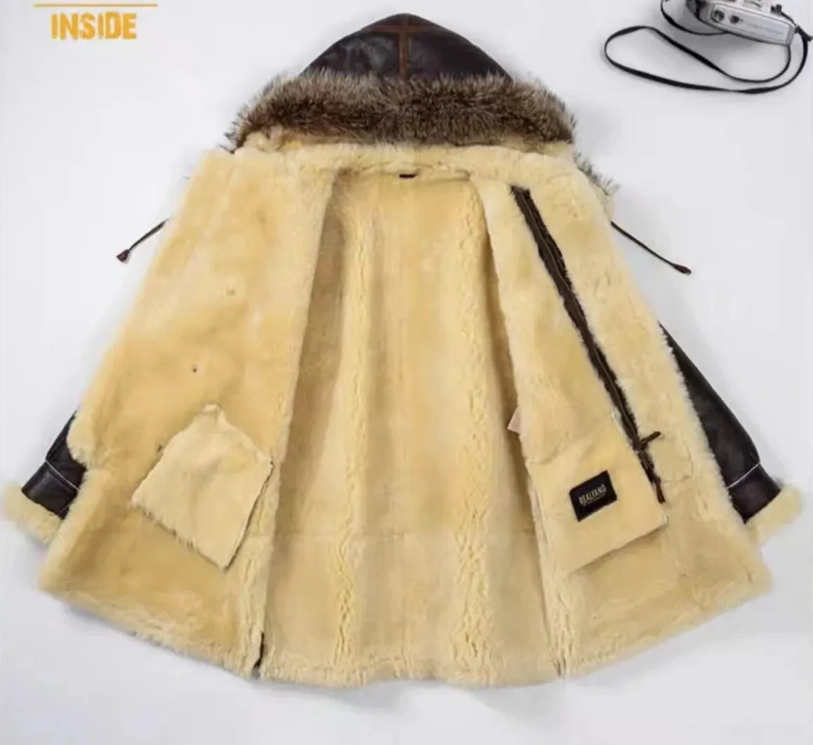 Beige Genuine Leather Shearling Fur Lining Long Coat Parkas