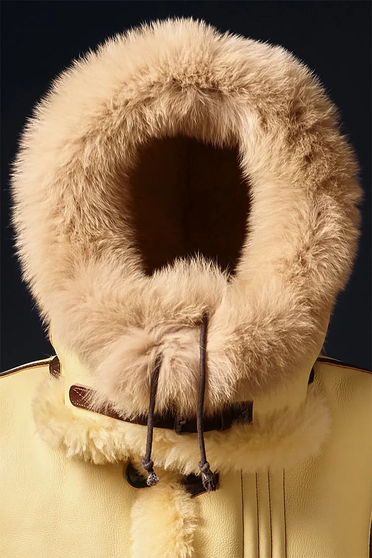 Beige Genuine Leather Shearling Fur Lining Long Coat Parkas