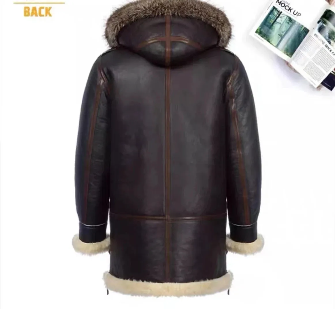 Beige Genuine Leather Shearling Fur Lining Long Coat Parkas