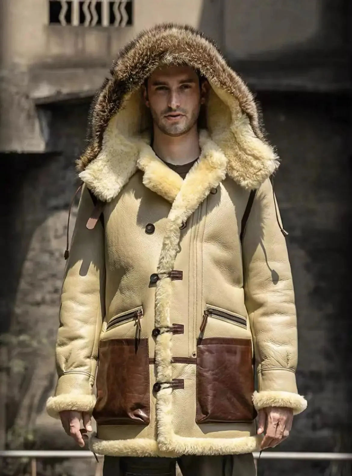 Beige Genuine Leather Shearling Fur Lining Long Coat Parkas