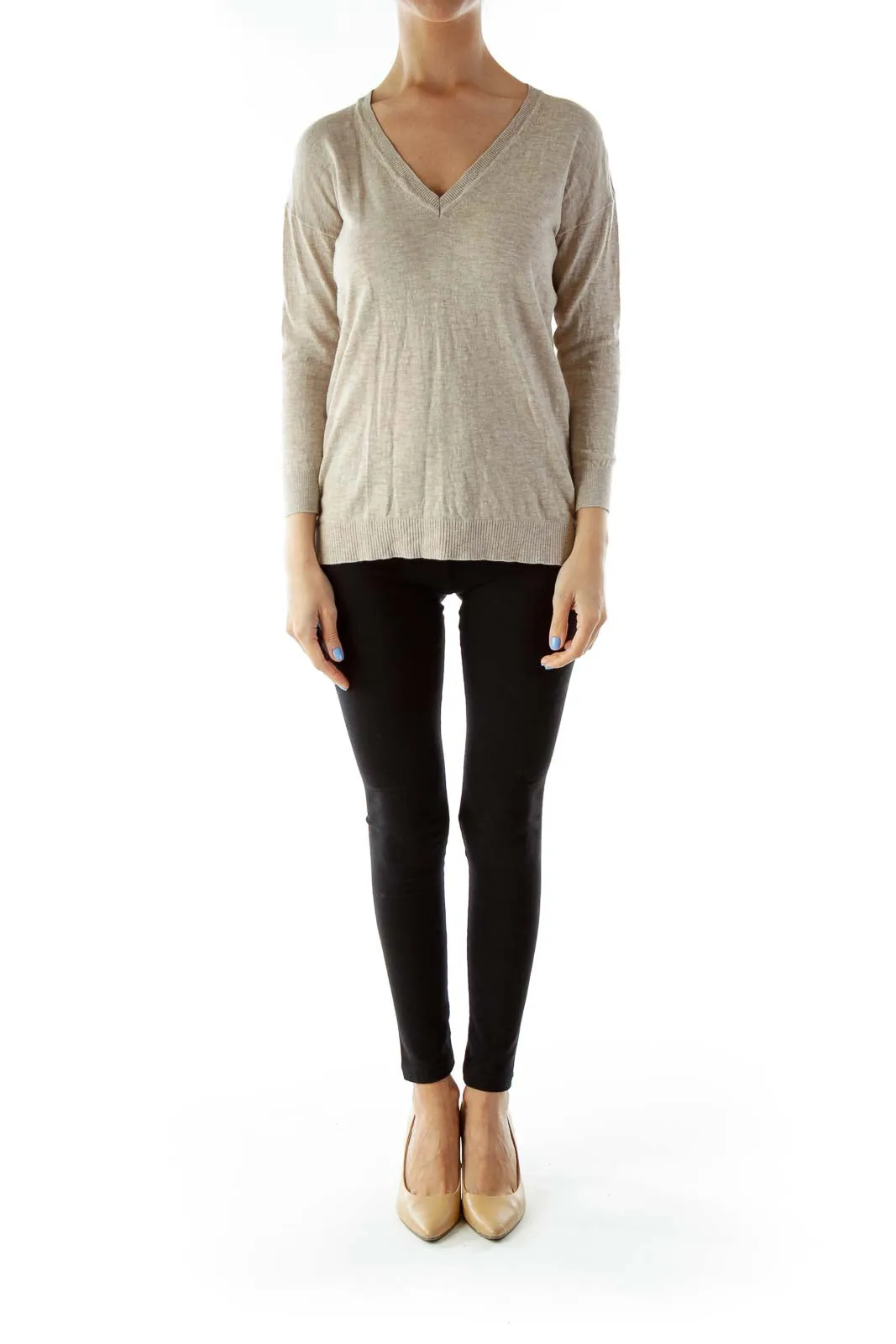 Beige V-Neck Knit Sweater