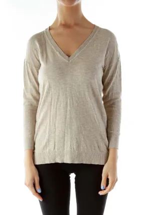 Beige V-Neck Knit Sweater