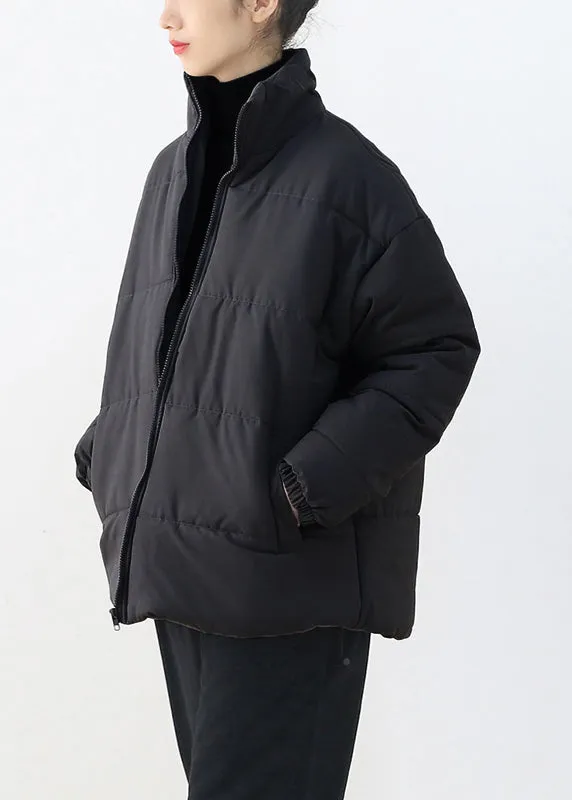 Black Stand Collar Drawstring Thick Parka Winter