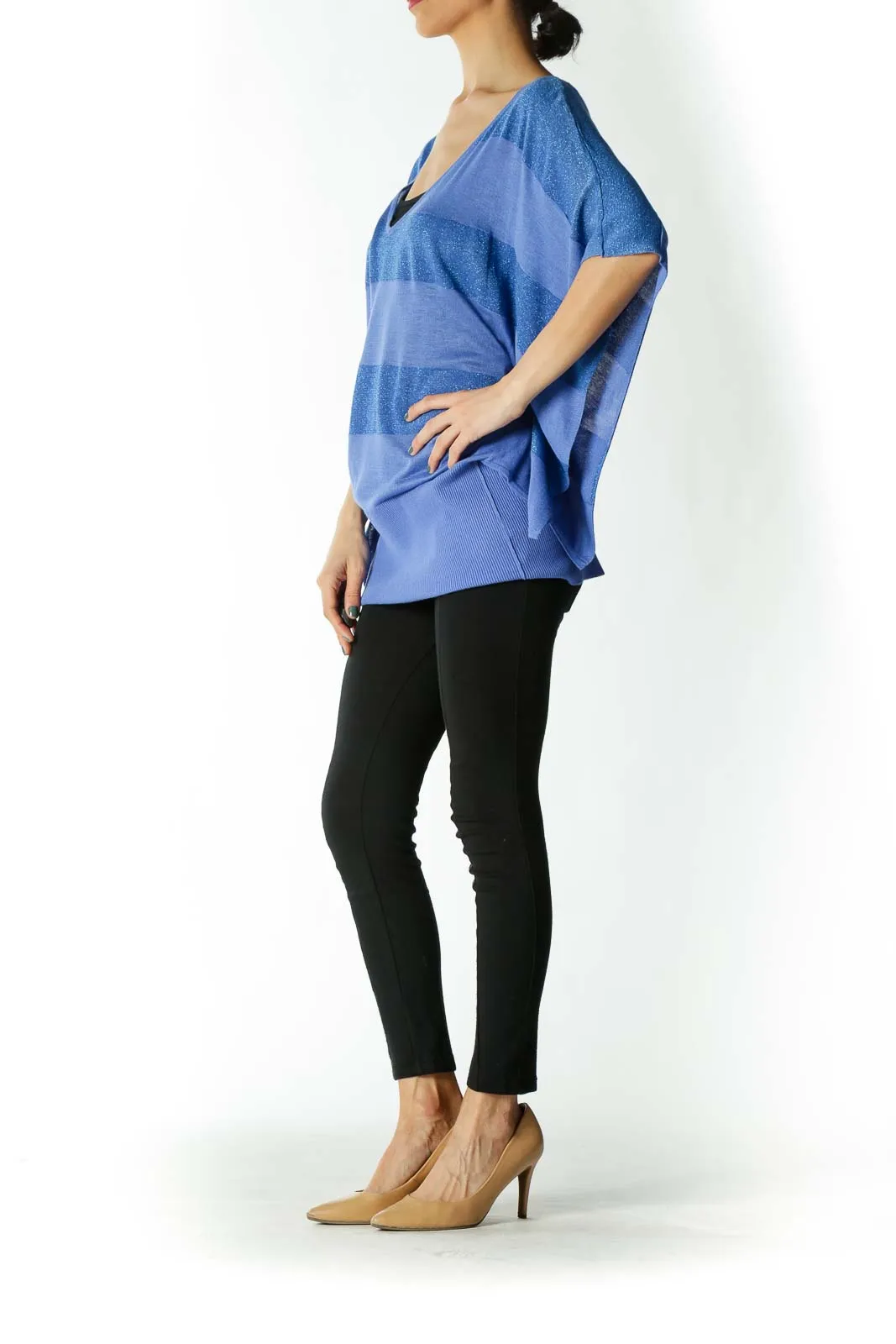 Blue Metallic Striped Shirt with Bat Sleeves