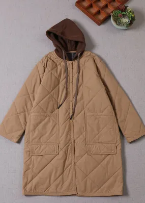 Boutique Khaki Hooded Patchwork Fine Cotton Filled Parka Winter