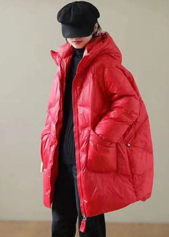 Boutique Red Hooded Drawstring Duck Down Puffer Jacket Winter