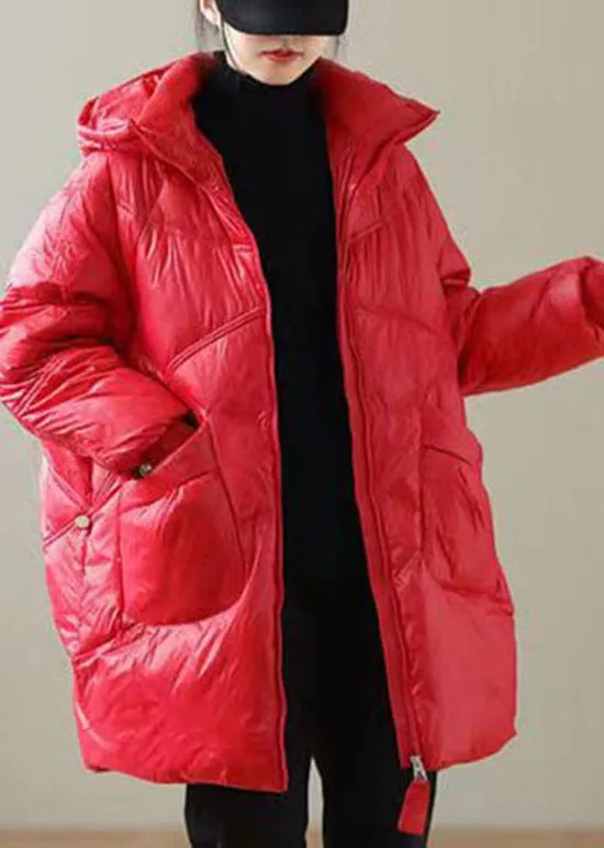 Boutique Red Hooded Drawstring Duck Down Puffer Jacket Winter