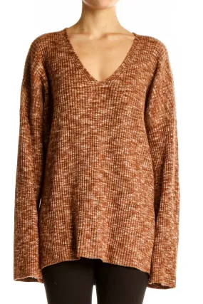 Brown Ribbed V-Neck Oversized Sweater