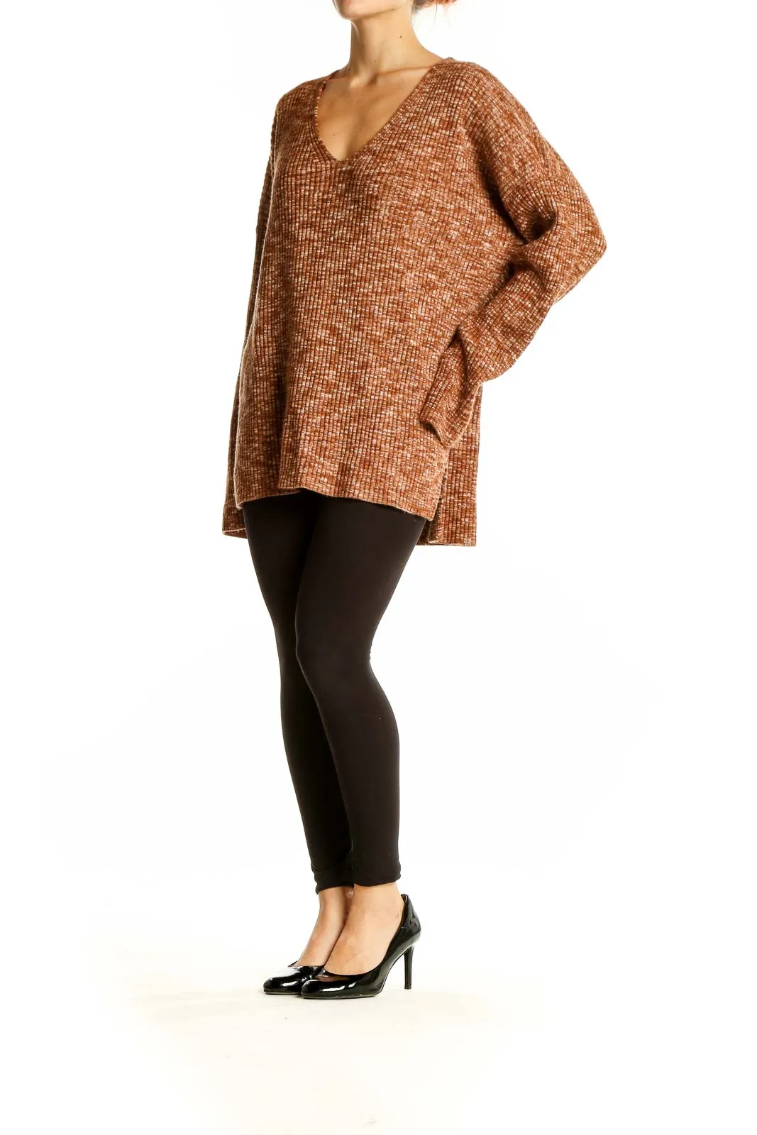 Brown Ribbed V-Neck Oversized Sweater