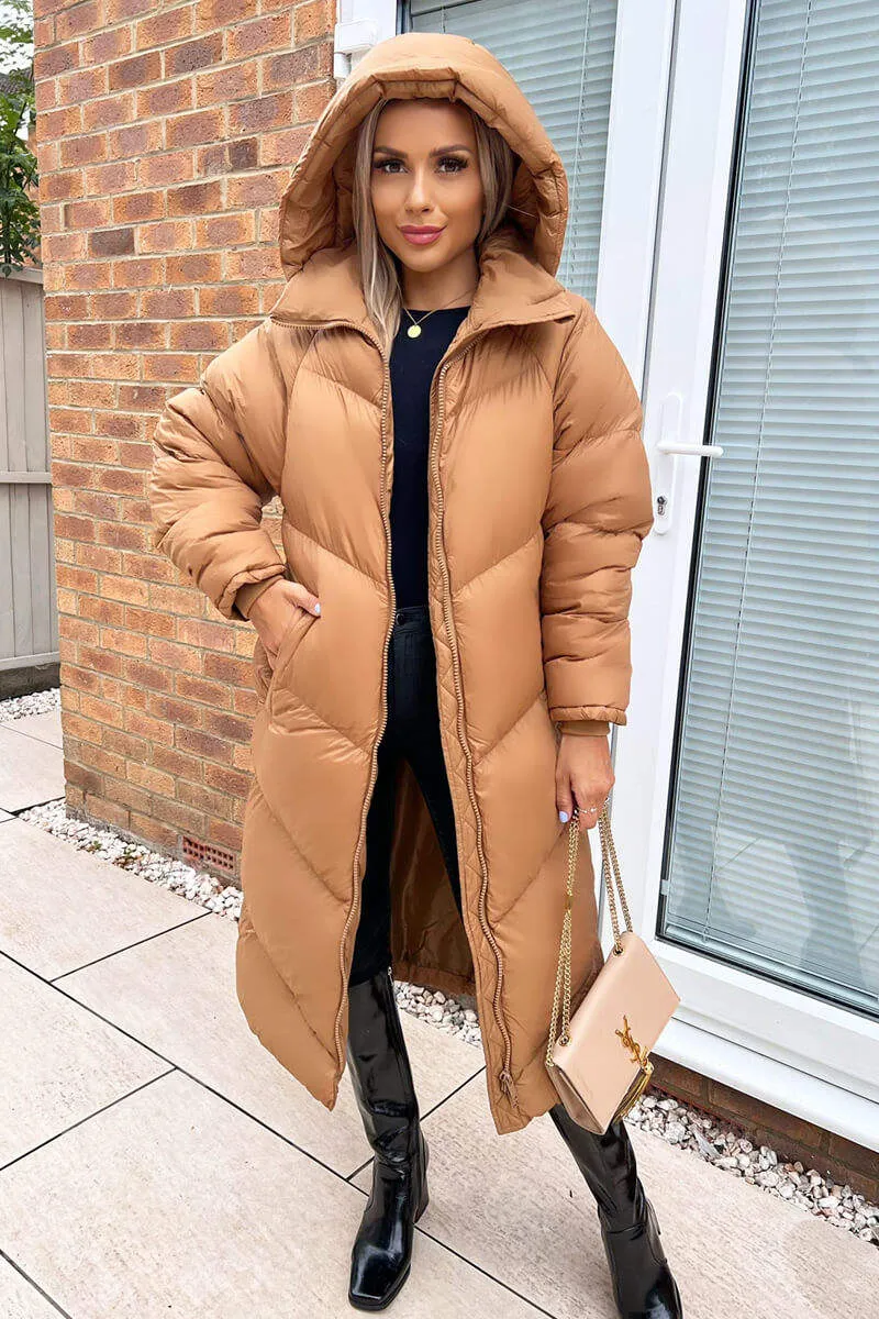 Camel Hooded Long Puffer Coat