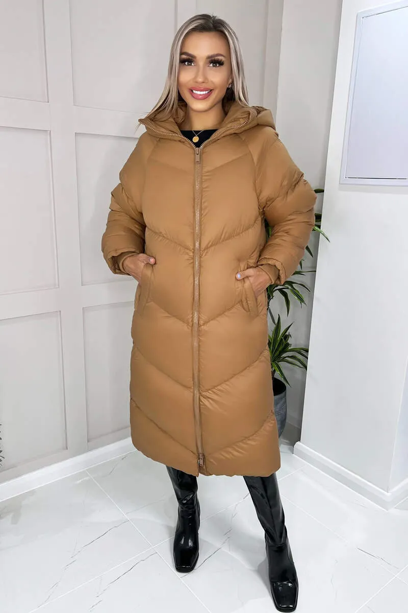 Camel Hooded Long Puffer Coat