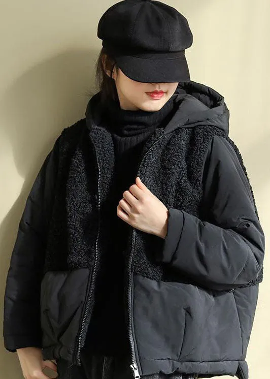 Chic Black Hooded Patchwork Zippered Faux Fur Parkas Winter