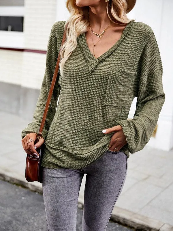 Chic Waffle Knit V-Neck Top - Your Essential Comfort Piece