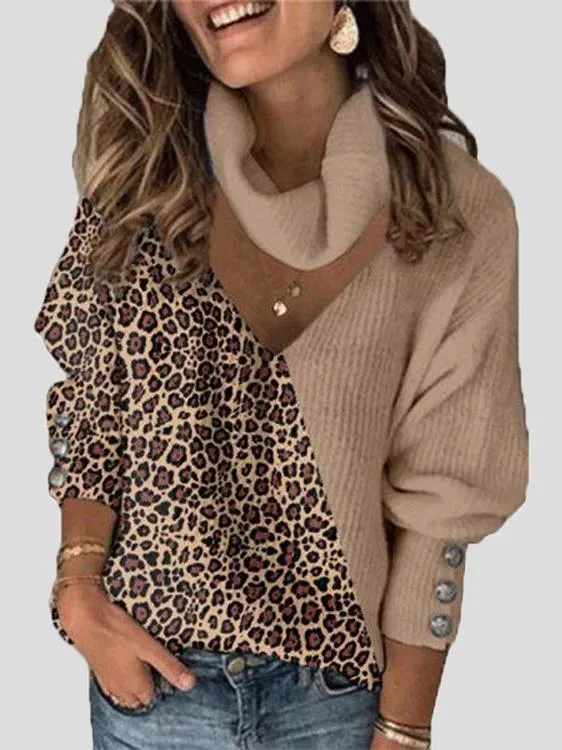 Chicmy-European and American casual women's clothing Women's Sweaters Leopard Print Color Block V-Neck Scarf Sweater