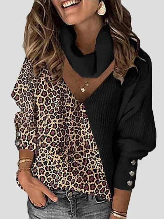 Chicmy-European and American casual women's clothing Women's Sweaters Leopard Print Color Block V-Neck Scarf Sweater