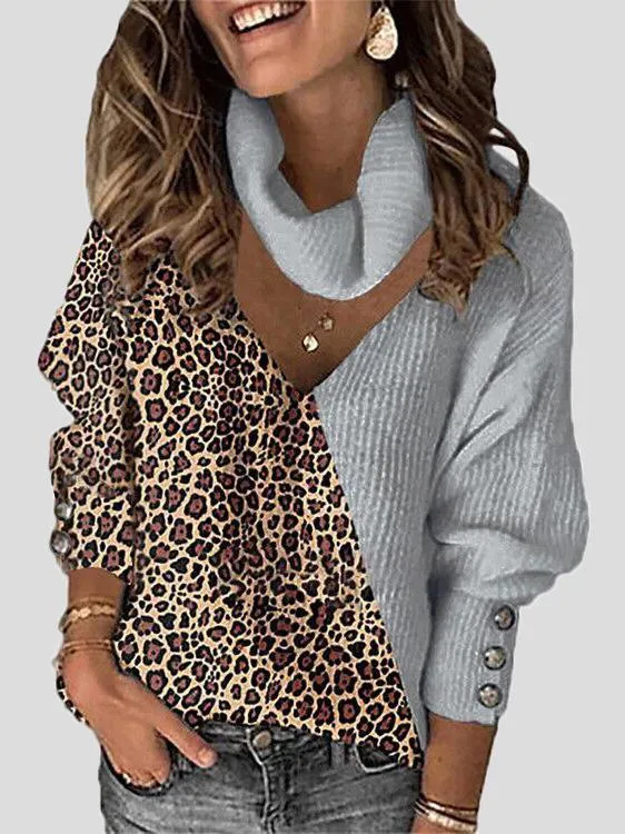 Chicmy-European and American casual women's clothing Women's Sweaters Leopard Print Color Block V-Neck Scarf Sweater