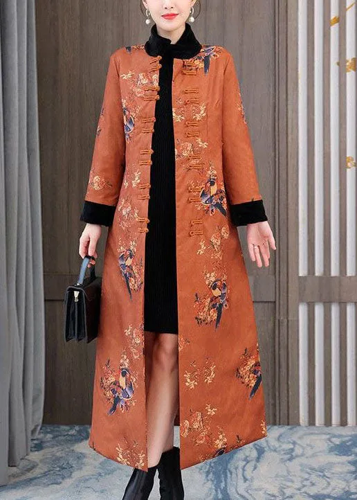 Chinese Style Orange Stand Collar Print Fine Cotton Filled Coats Winter