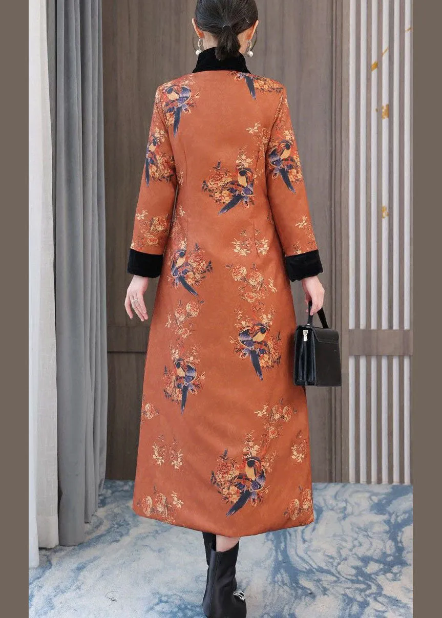 Chinese Style Orange Stand Collar Print Fine Cotton Filled Coats Winter