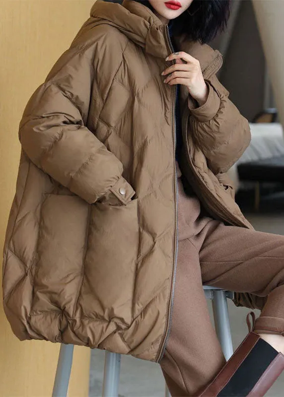 Chocolate Thick Duck Down Puffer Jacket Hooded Pockets Winter