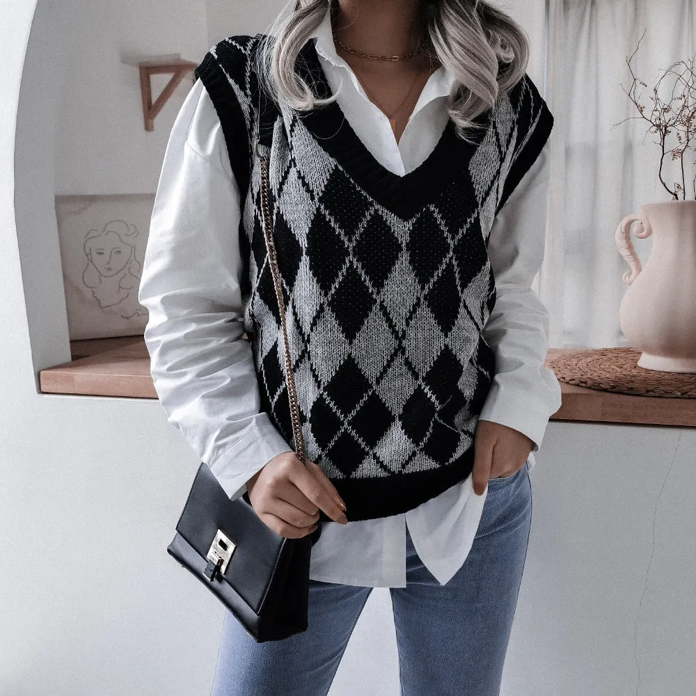 College Pullover Rhombus V-neck Casual Loose Knitted Sweater Women's Vest