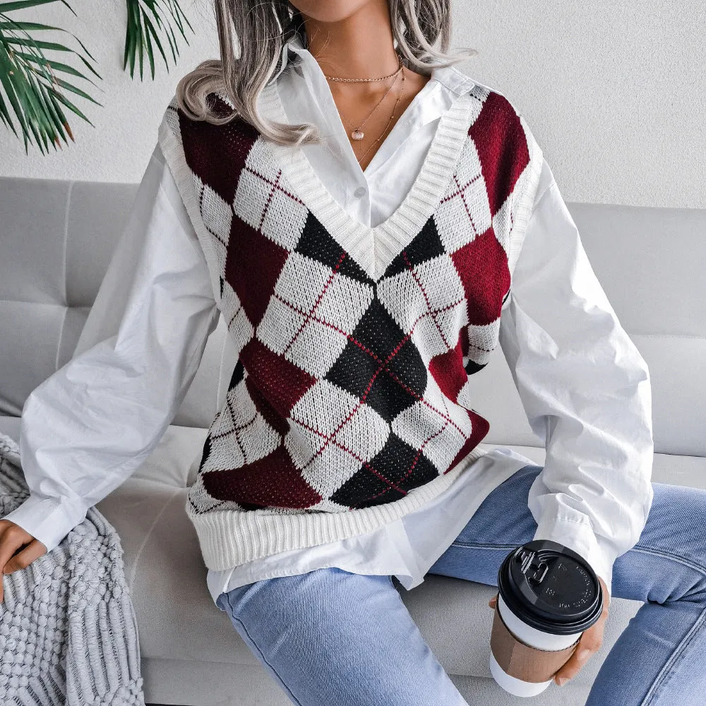 College Pullover Rhombus V-neck Casual Loose Knitted Sweater Women's Vest