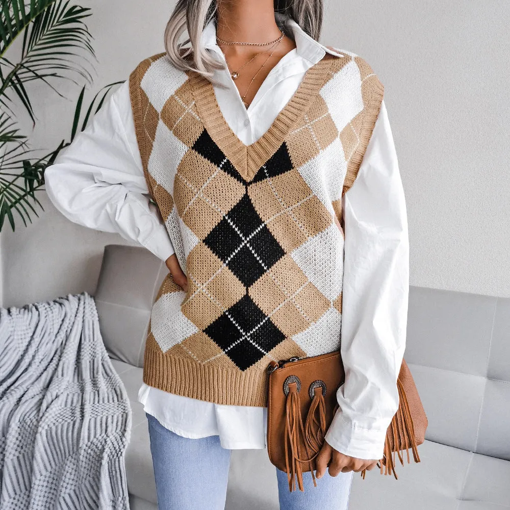 College Pullover Rhombus V-neck Casual Loose Knitted Sweater Women's Vest