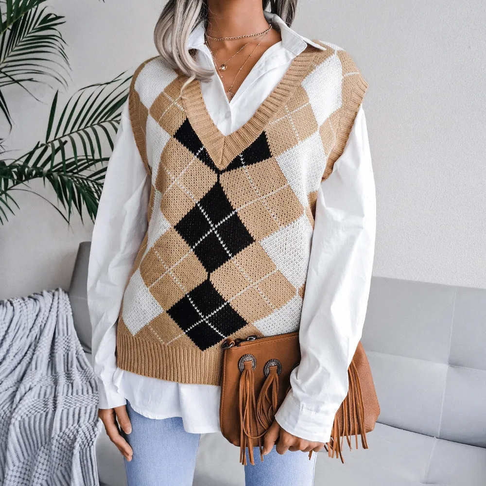 College Pullover Rhombus V-neck Casual Loose Knitted Sweater Women's Vest