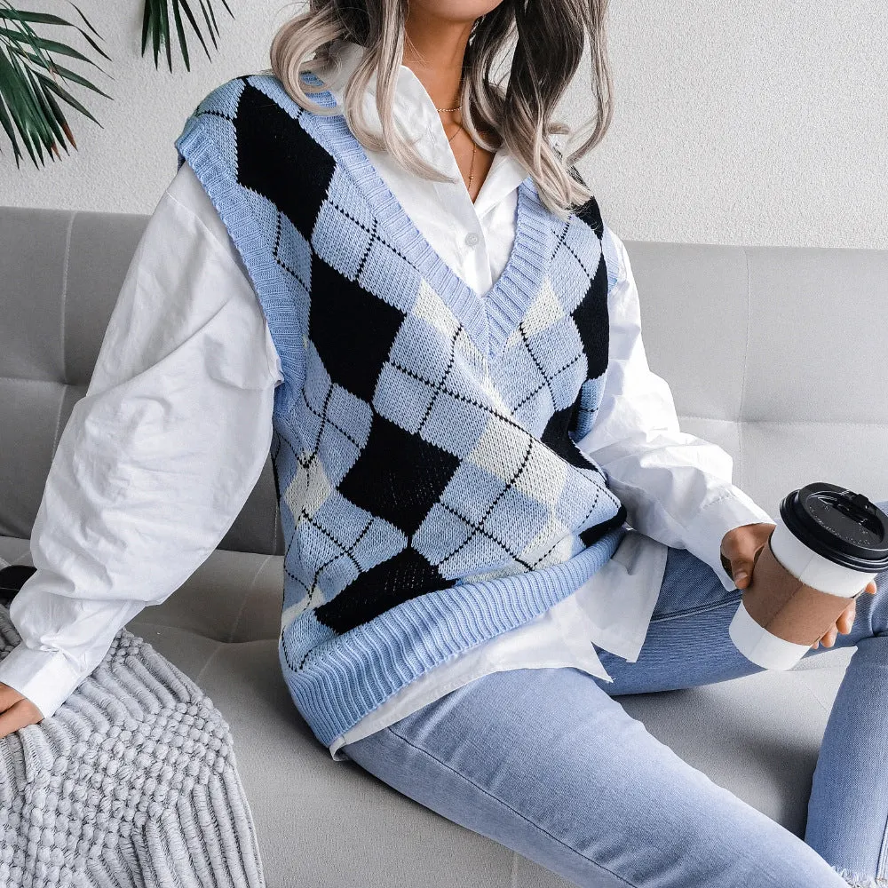 College Pullover Rhombus V-neck Casual Loose Knitted Sweater Women's Vest