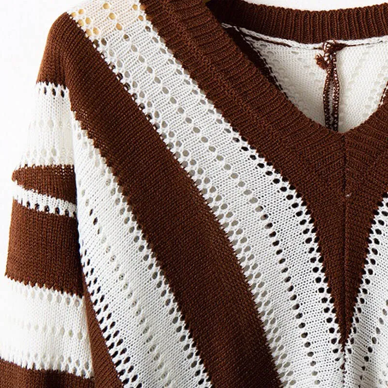 Contrast Brown Chevron Striped Print Drop Shoulder Openwork Knit Sweater