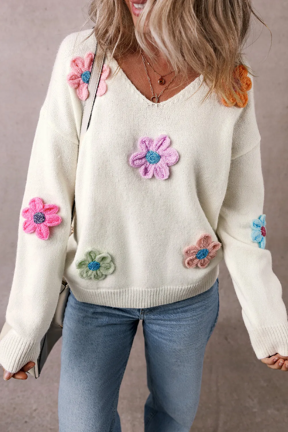 Crochet Flower V Neck Sweater