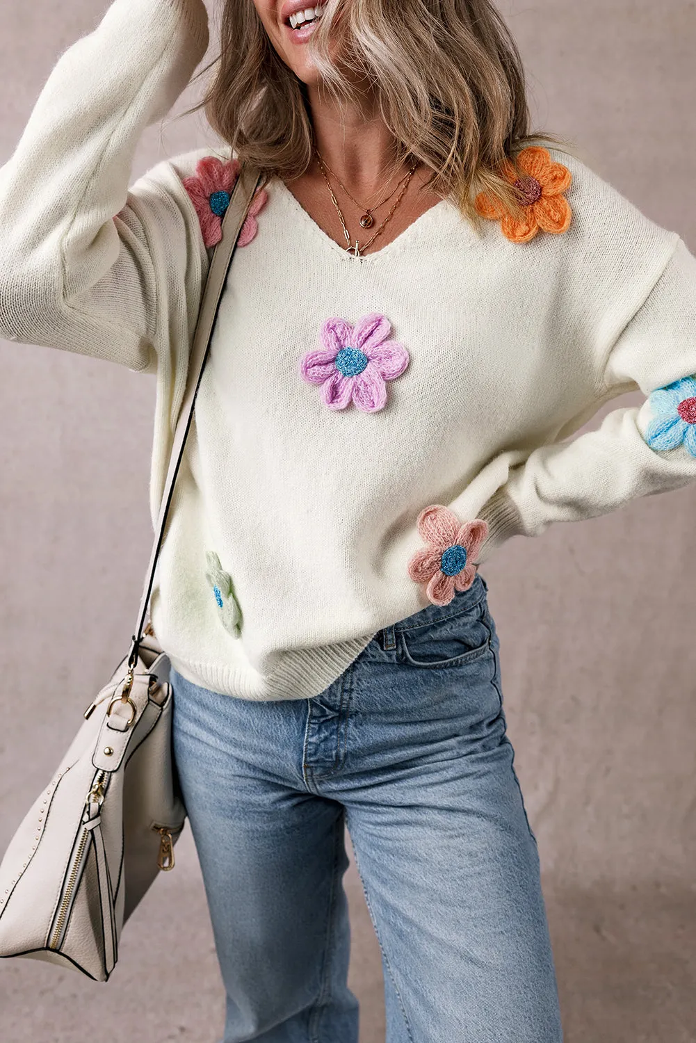 Crochet Flower V Neck Sweater