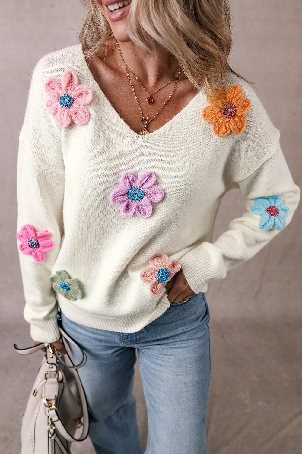 Crochet Flower V Neck Sweater