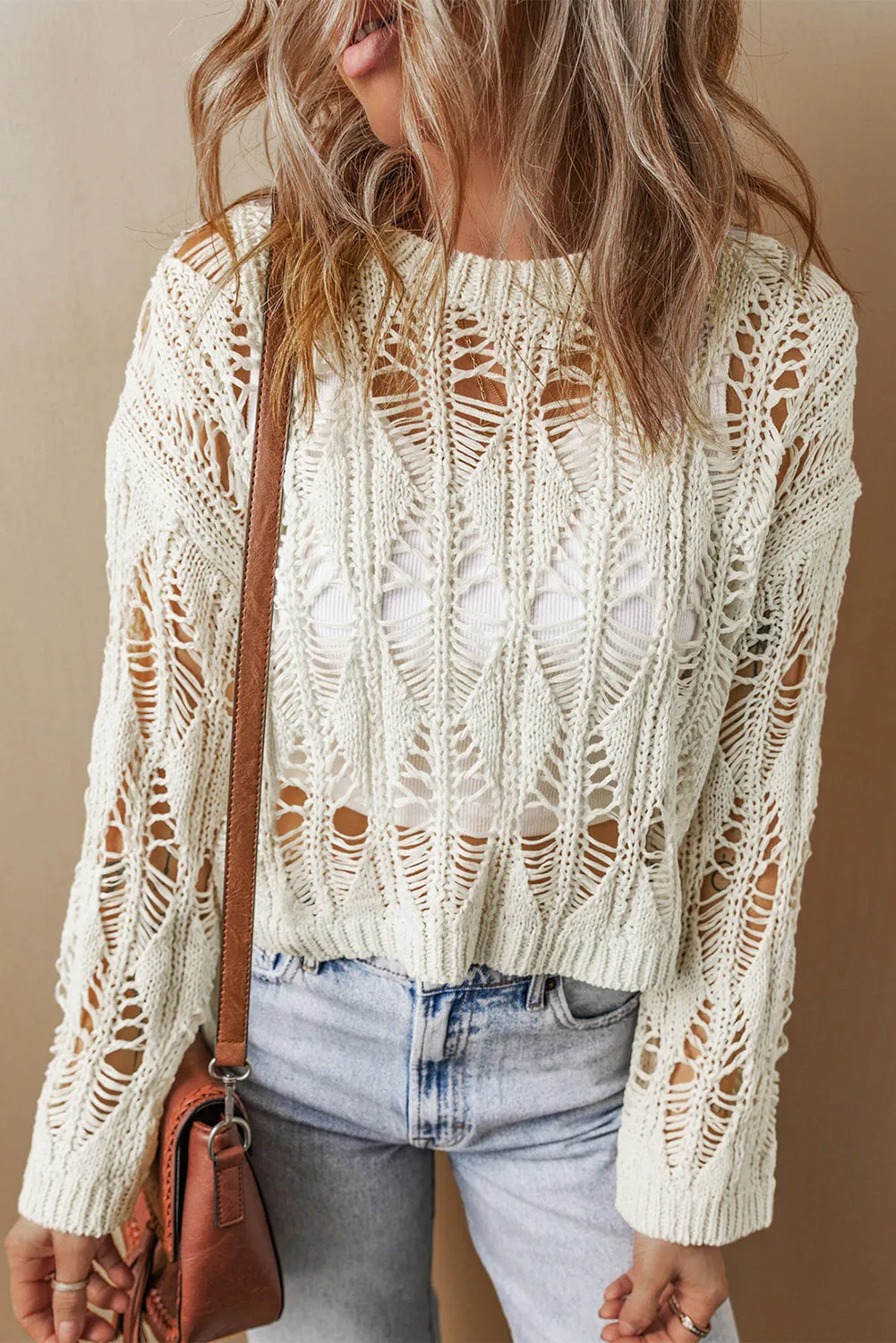 Cut Out Crochet Crew Neck Loose Fit Sweater