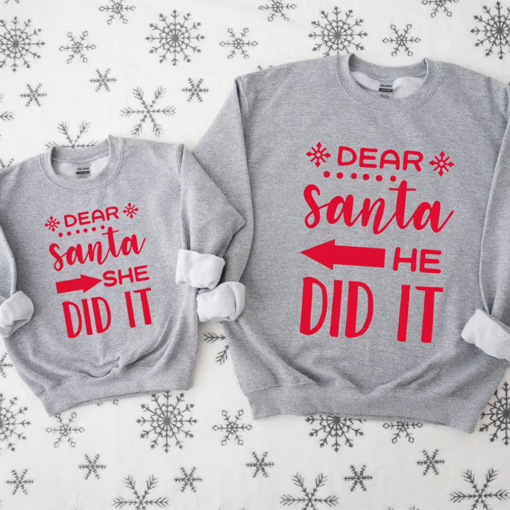 Dear Santa She Did It & He Did It Matching Kids Sweatshirts