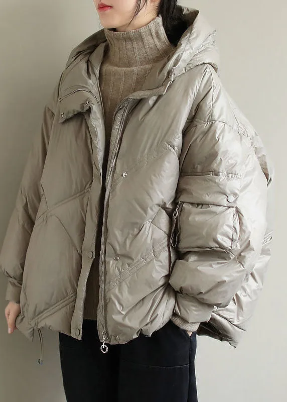 Elegant Beige Hooded drawstring Duck Down Jacket Winter