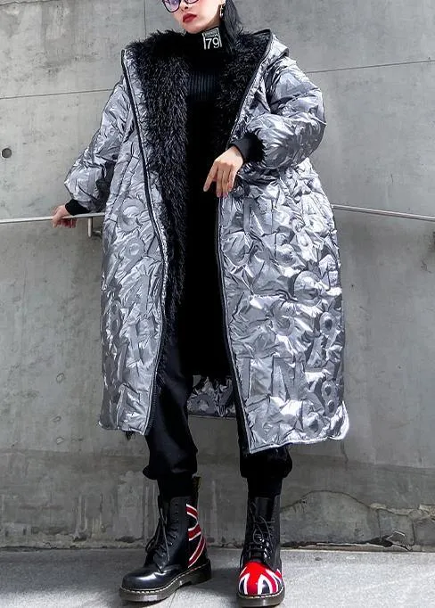 Elegant silver outwear trendy plus size snow hooded zippered winter outwear