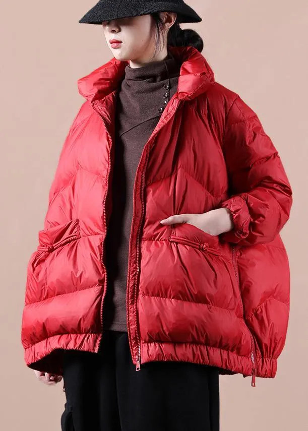 Fine Loose fitting snow jackets zippered Jackets red stand collar goose Down jackets