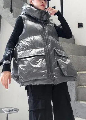 Fine silver gray winter outwear plus size clothing snow sleeveless hooded pockets winter outwear