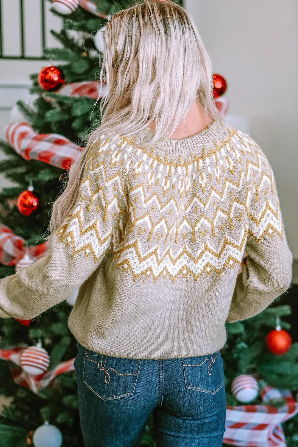 Geometric Ribbed Round Neck Sweater