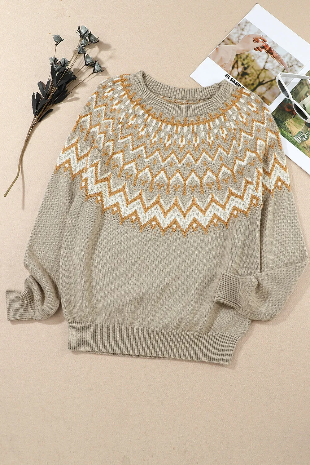 Geometric Ribbed Round Neck Sweater