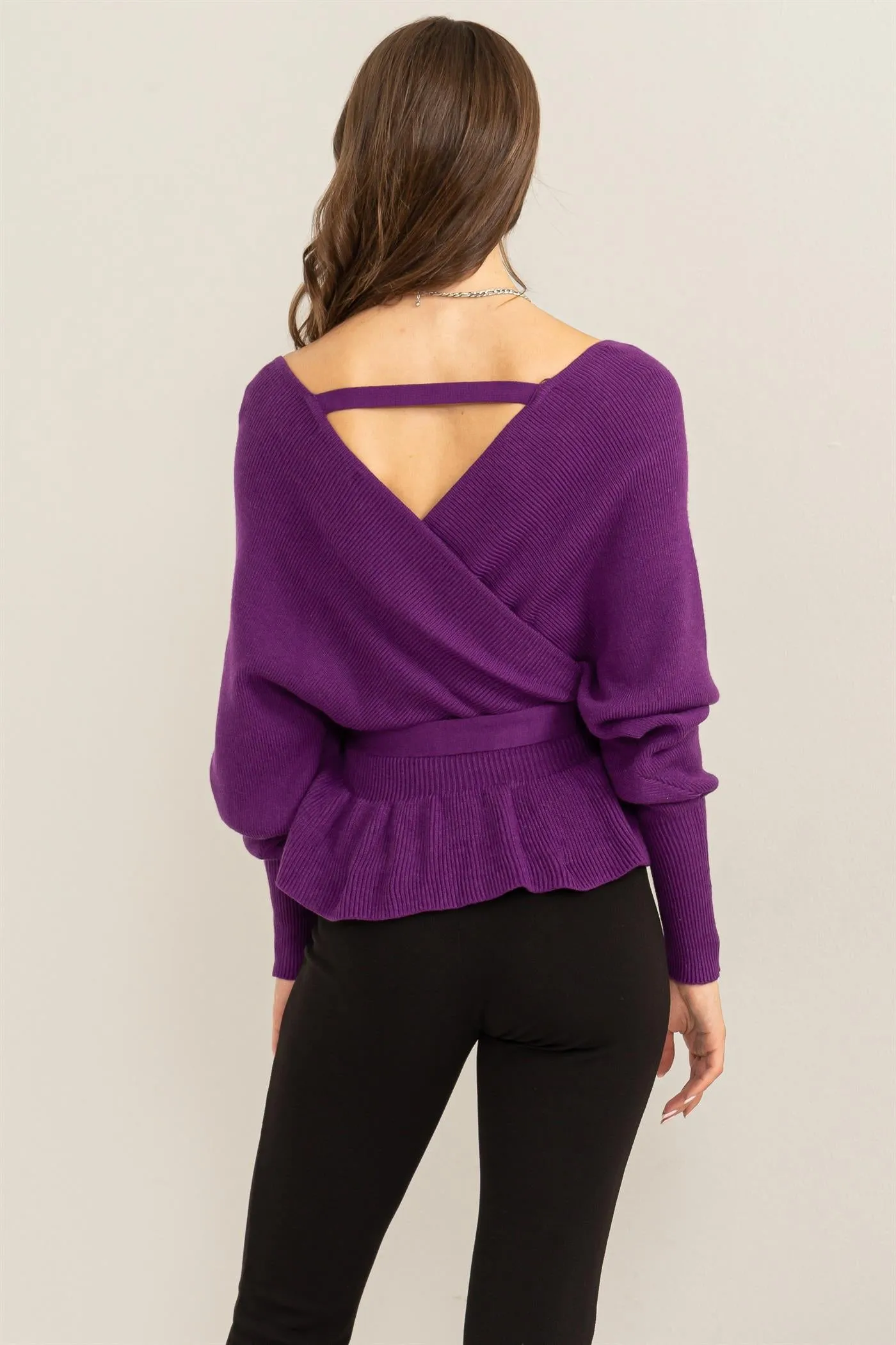 HF23G002-Tie-belt Peplum Knit Top