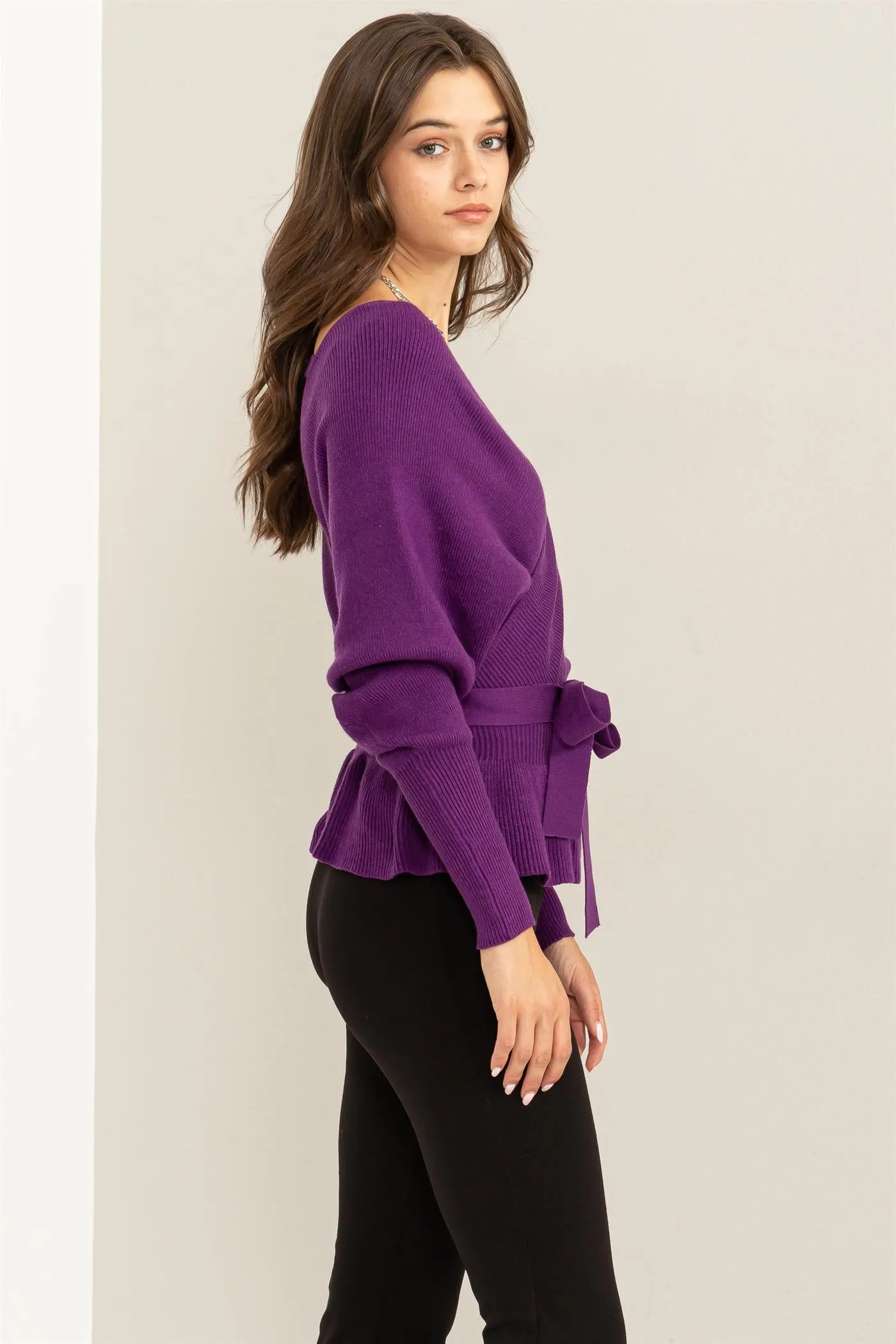 HF23G002-Tie-belt Peplum Knit Top