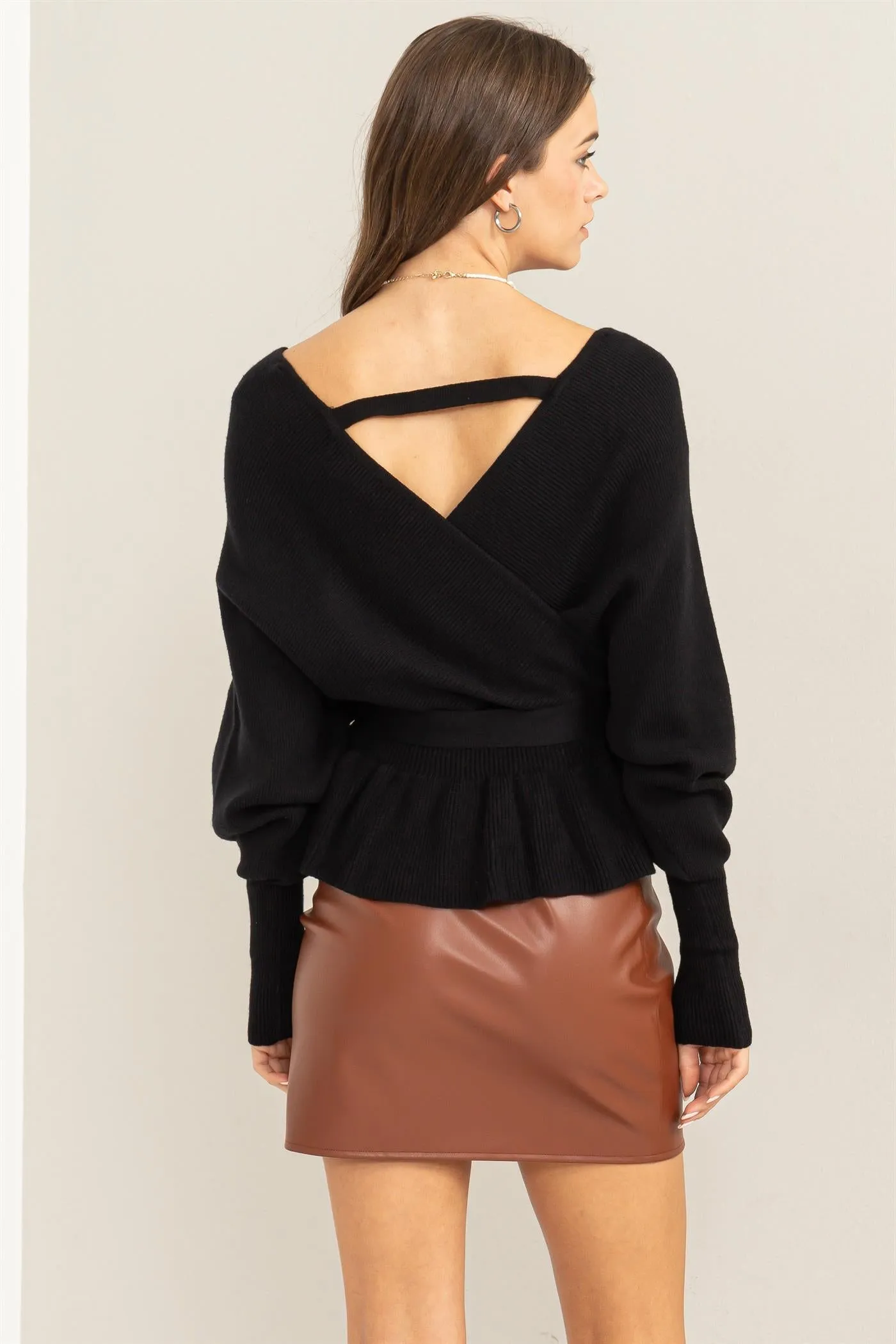 HF23G002-Tie-belt Peplum Knit Top